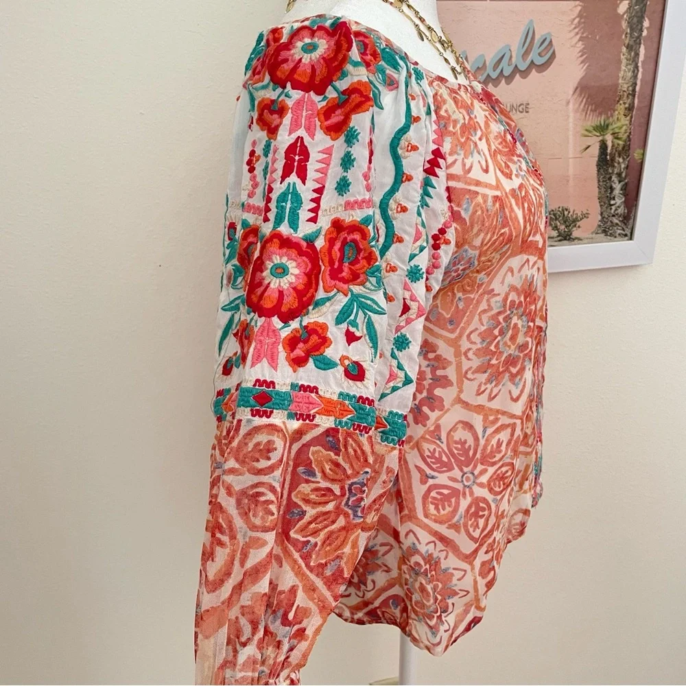 Sundance Tolani Marta Rose Folkloric Embroidered Puff Sleeve Blouse Top in XS